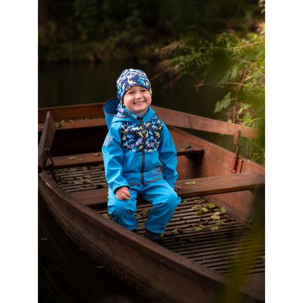 unuo Batolecí softshellové kalhoty s fleecem Autíčka tyrkysové (Softshell toodler trousers)