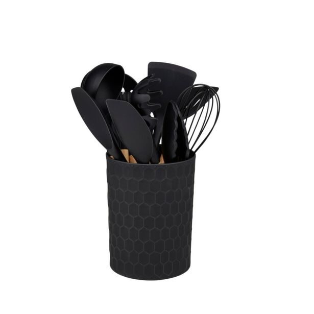 ALPINA Kuchyňské náčiní s bambusovou rukojetí ve stojanu 12 ks 32 cm černá ED-233243