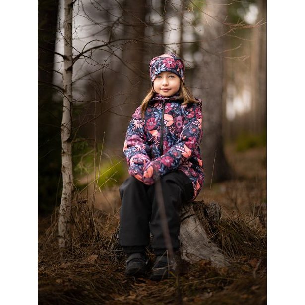 Unuo, Dětské softshellové oteplovačky s fleecem Plus, Černá, Kouzelné květiny