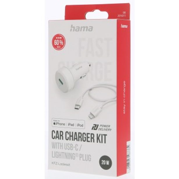 Hama set: rychlá USB nabíječka do vozidla USB-C PD 20 W + kabel USB-C Lightning 1 m