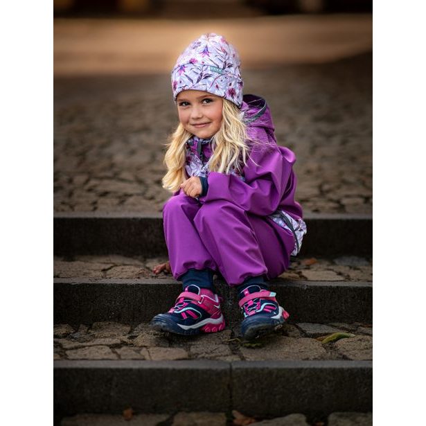 Unuo, Batolecí softshellové kalhoty s fleecem, Ostružinová + reflexní obrázek Evžen (Softshell toodler trousers)