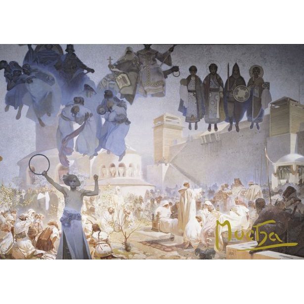 Pohled Alfons Mucha Slovanská epopej – Zavedení slovanské liturgie, krátký Baagl