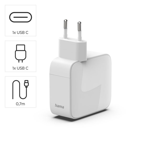 Hama rychlá USB nabíječka GaN 2x USB-C, PD 65 W, navíjecí kabel