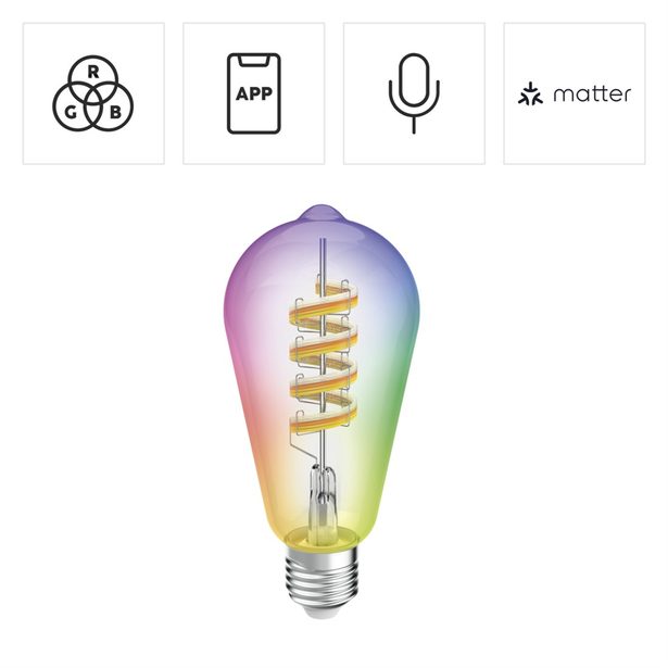 Hama SMART WiFi LED žárovka, Matter, E27, retro, ST64 Filament, RGBW, stmívatelná, aplikace