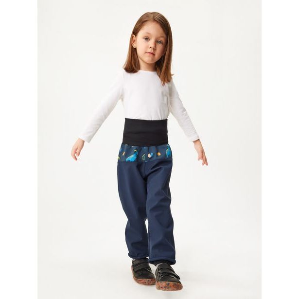 Unuo Batolecí softshellové kalhoty s fleecem Basic, Tm. Modročerná, Dinosauři