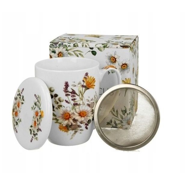 hrnek 380ml, DAISY LUČNÍ KVĚTY+víčko+sítko NR, porcelán, DB