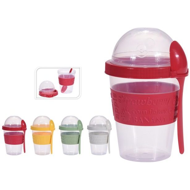 kelímek 0,6l+lžička, JOGURT silik.držák, 4barvy, d10,5 x 6,5cm,plast
