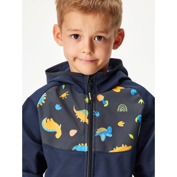 Unuo, Dětská softshellová bunda s fleecem Basic, Tm. Modročerná, Dinosauři