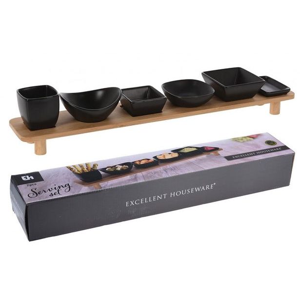 EXCELLENT HOUSEWARE Servírovací misky s bambusovým podnosem sada 7 ks černá KO-210000830