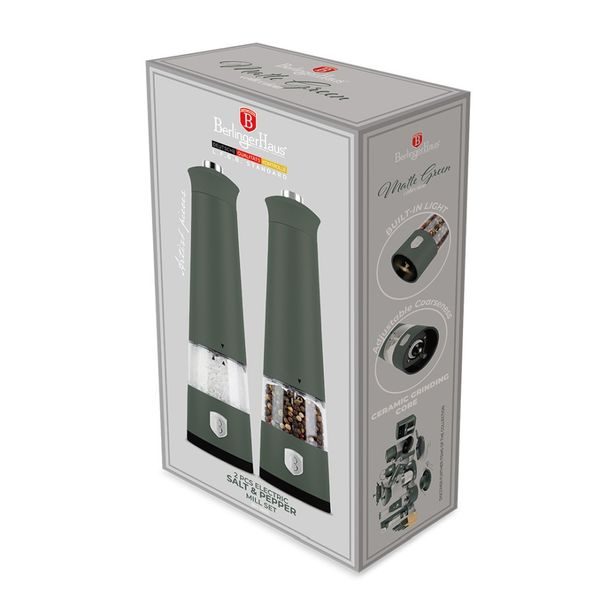 BERLINGERHAUS Mlýnek na pepř a sůl elektrický sada 2 ks Matte Green Collection BH-9885