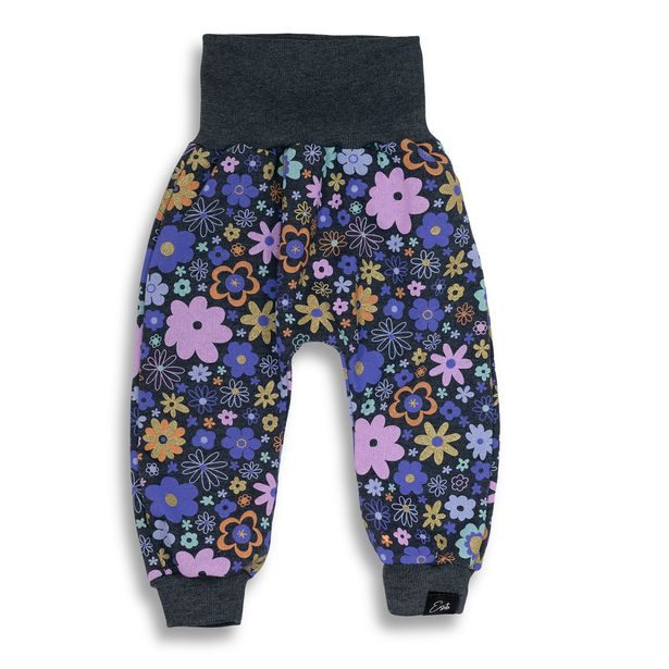 ESITO Dětské tepláky s vysokým pasem Grafit Podzimní květy - šedá