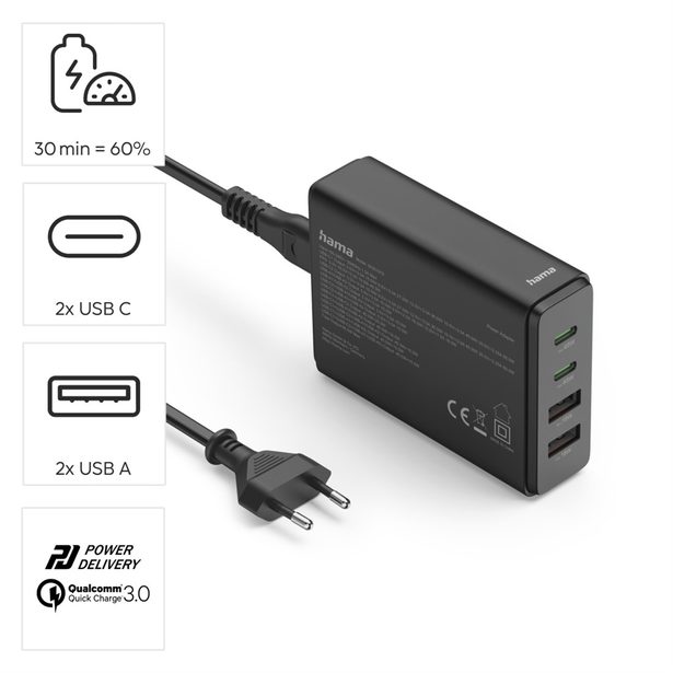 Hama USB nabíjecí stanice GaN, 2x USB-C PD, 2x USB-A QC, 65 W