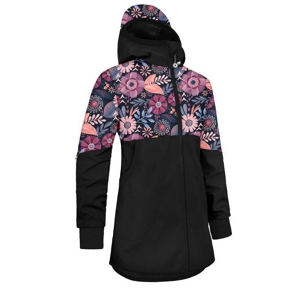 Unuo, Dívčí softshellový kabát bez zateplení Street, Černá, Kouzelné květiny