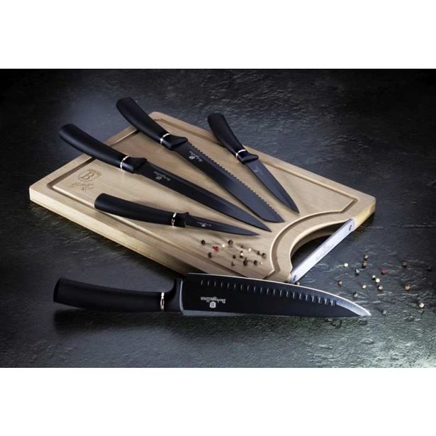 BERLINGERHAUS Sada nožů s nepřilnavým povrchem + prkénko 6 ks Black Silver Collection BH-2549