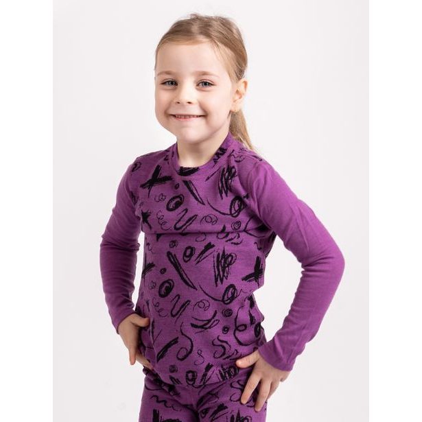 Unuo, Dětské merino triko s dlouhým rukávem Nature, Ostružinová, Kresba