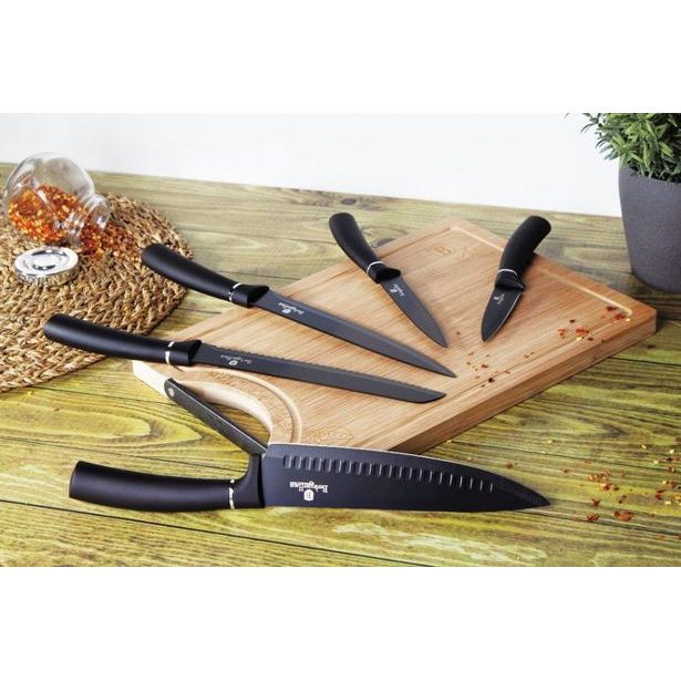 BERLINGERHAUS Sada nožů s nepřilnavým povrchem + prkénko 6 ks Black Silver Collection BH-2549