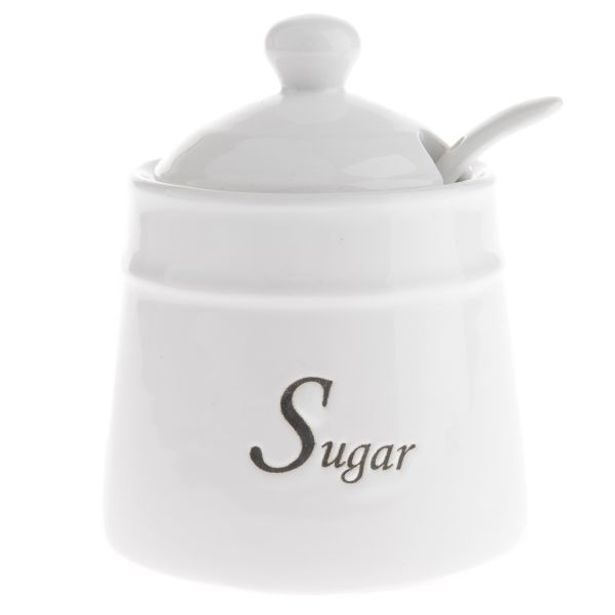 cukřenka 0,53l, d11x14cm, SUGAR, lžička, bílá keramika