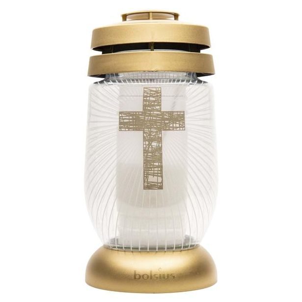 Bolsius LUCERNA HŘBITOVNÍ MOTIV KŘÍŽ ZLATÁ