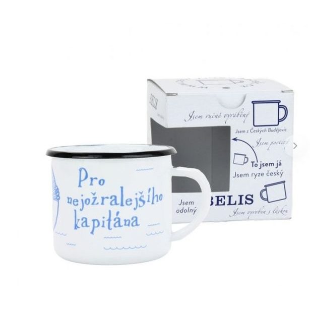 hrnek d 8cm bílý, NEJOŽRALEJŠÍ KAPITÁN, 0,35l, čes.smalt, DB krabička