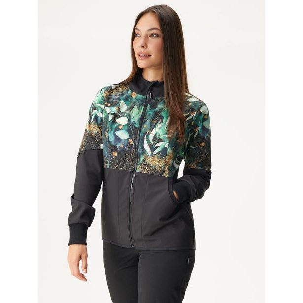 Unuo, Dámská softshellová bunda s fleecem Street, Černá, Listy a větvičky