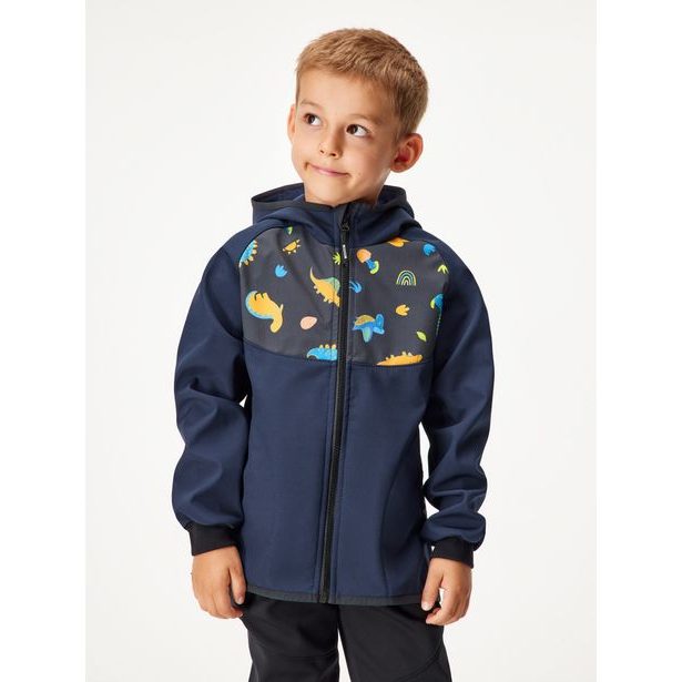 Unuo, Dětská softshellová bunda s fleecem Basic, Tm. Modročerná, Dinosauři