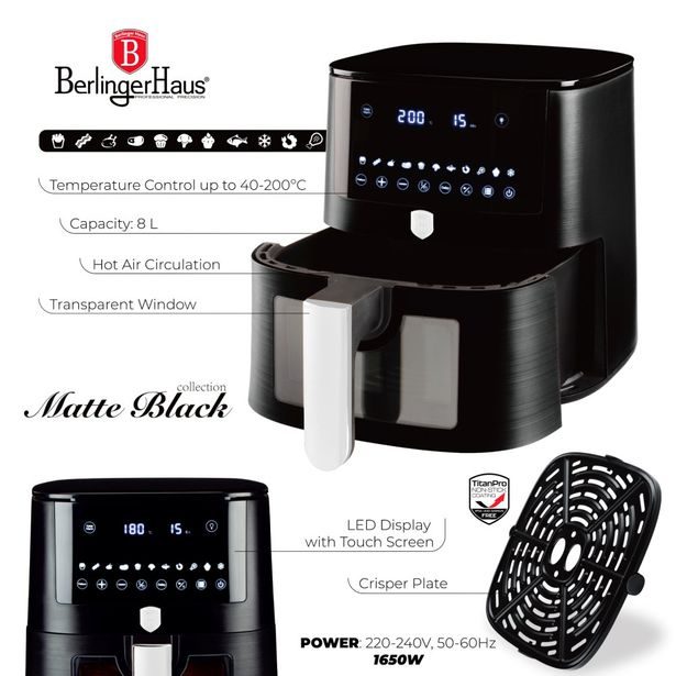 BERLINGERHAUS Horkovzdušná fritéza 8 l Matte Black Collection BH-9605