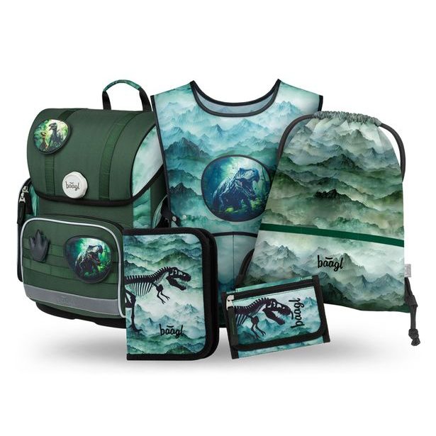 BAAGL SET 5 Ergo Dino: aktovka, penál, sáček, zástěra, peněženka