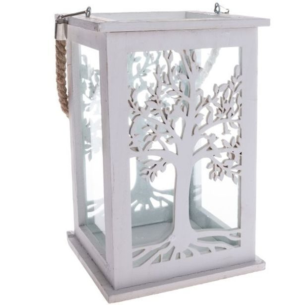 lucerna 25cm, STROM ŽIVOTA, 16x16cm, bílá, dřevo/lano