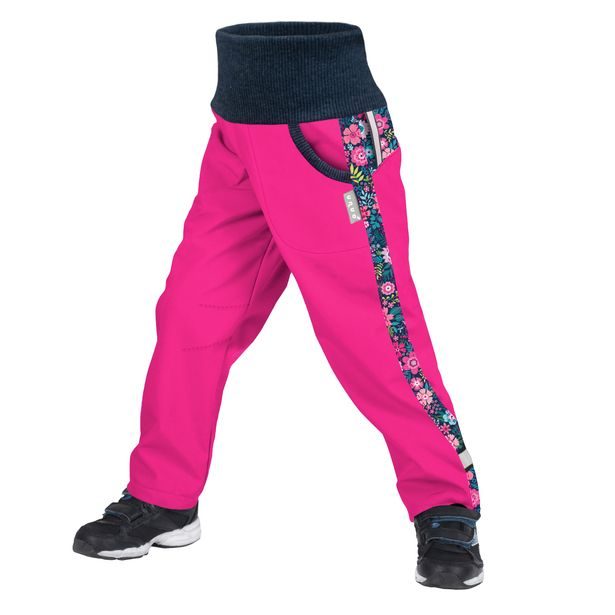 Unuo, Softshellové kalhoty s fleecem Street, Fuchsiová, Květinky (Softshell kids trousers Street, with fleece, flowers, fuchsia)