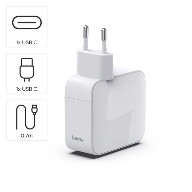 Hama rychlá USB nabíječka GaN 2x USB-C, PD 30 W, navíjecí kabel