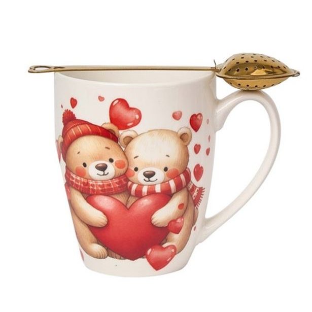 hrnek 360ml MEDVÍDCI se srdíčkem, čajítko, DB krabička