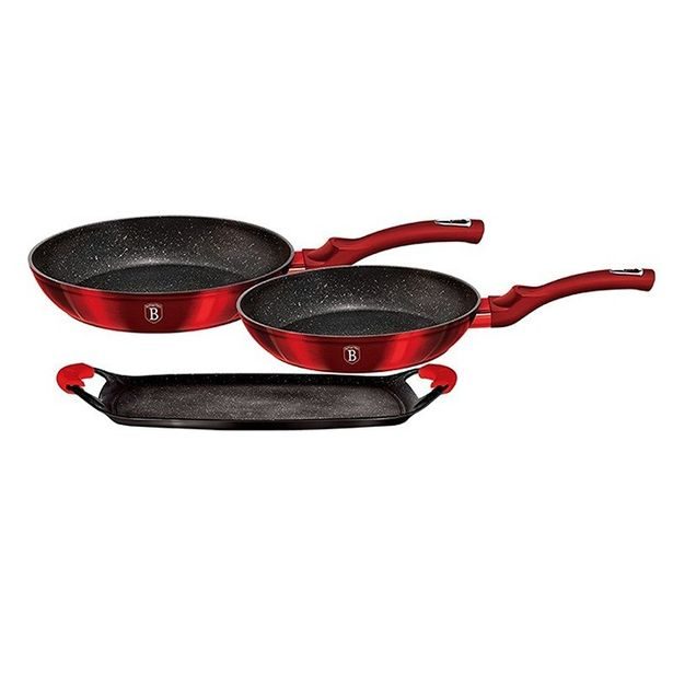 BERLINGERHAUS Sada pánví a grilovací deska s mramorovým povrchem 3 ks Burgundy Metallic Line BH-1668