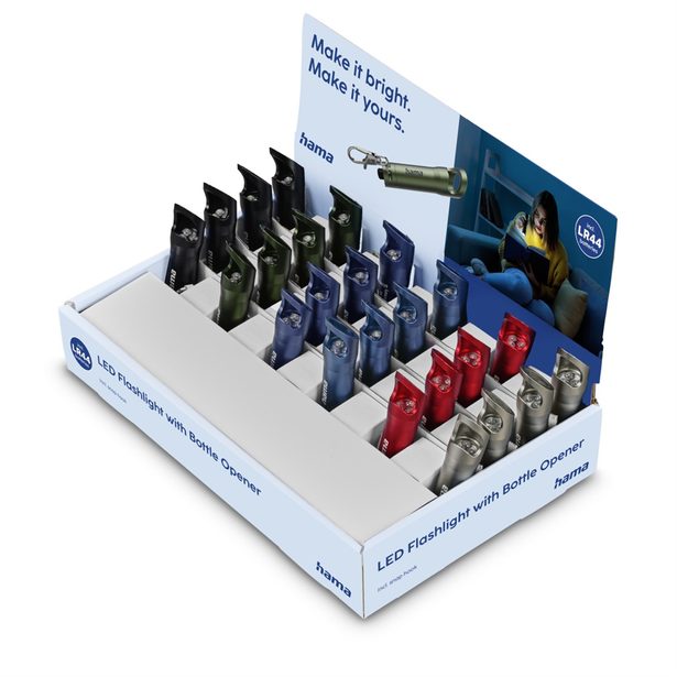 Hama FL4, LED svítilna s otvírákem na lahve, karabinka, baterie, 24 ks v displeji (cena za 1 ks)