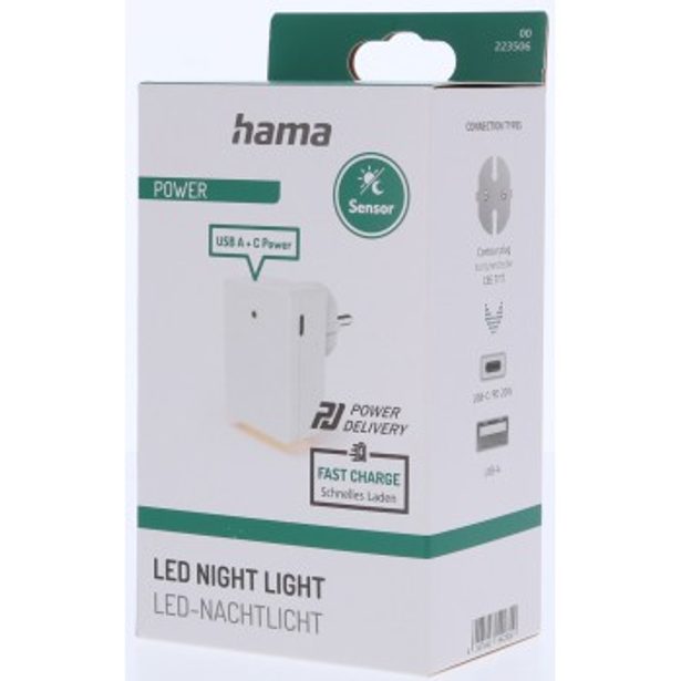 Hama noční/orientační LED světlo, do zásuvky, 1x USB-A, 1x USB-C, soumrakový senzor