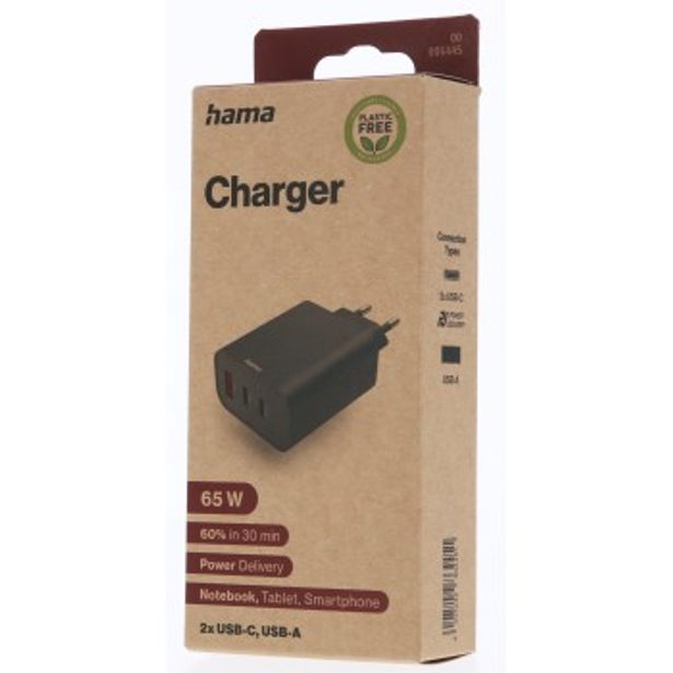 Hama rychlá USB nabíječka 2x USB-C + USB-A, PD/QC, 65 W, Ecosential