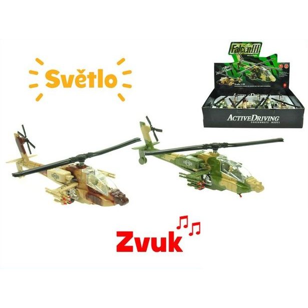 Helikoptéra vojenská 20cm kov zpětný chod na baterie se světlem a zvukem 2 barvy