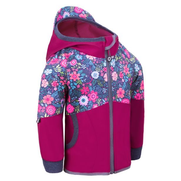 Unuo, Softshellová bunda bez zateplení Street, Tm. růžová malinová, Květinky, (softshell jacket Street, no insulation, flowers, raspberry)