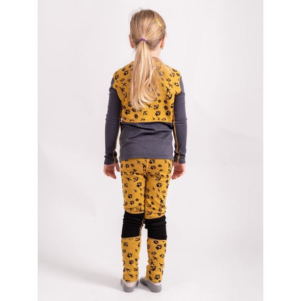 Unuo, Dětské merino triko s dlouhým rukávem Nature, Hořčicová, Lesní stopy