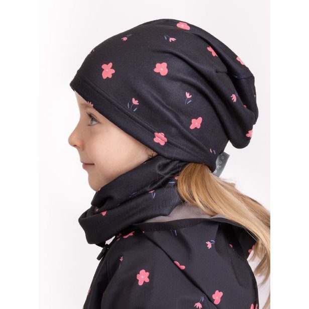 Unuo, Dětský nákrčník z fleecu Basic, Černá, Květiny