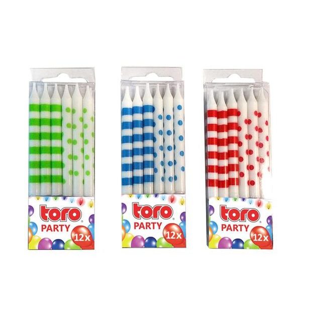TORO SVÍČKY S DRŽÁKEM 0,5X6CM, 12KS, ASSORT 3 BAREV_hamashop