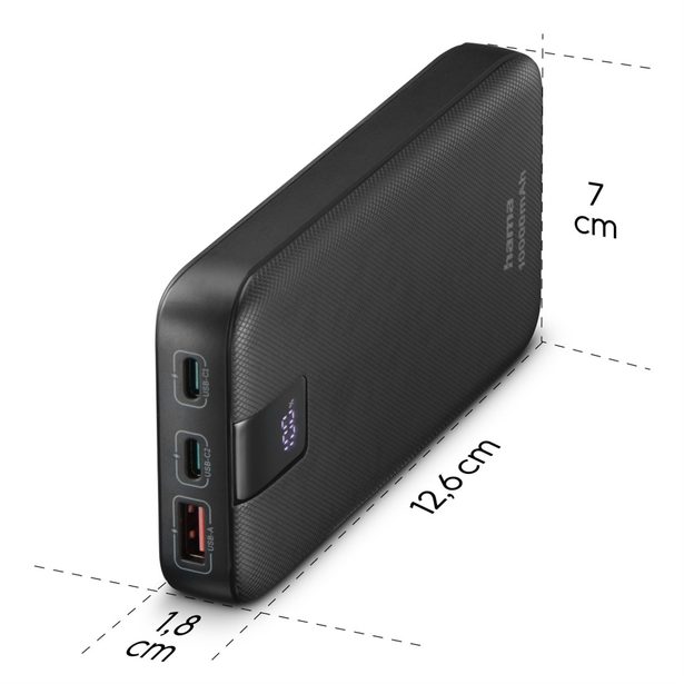 Hama PD 10 powerbanka, 10000 mAh, 3 výstupy: 1x USB-C, 2x USB-A, LED displej, PD, Qualcomm