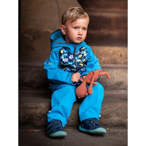 unuo Batolecí softshellové kalhoty bez zateplení Aqua + reflexní obrázek Evžen (Softshell toodler trousers non warm)