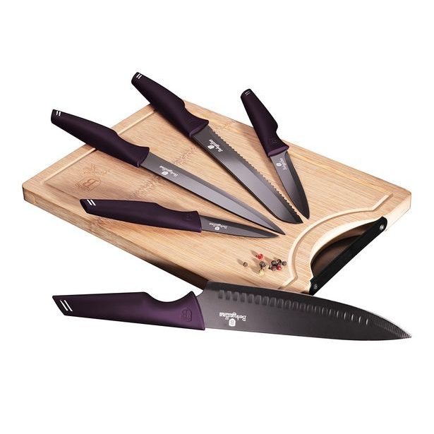 BERLINGERHAUS Sada nožů s nepřilnavým povrchem + prkénko 6 ks Purple Eclipse Collection BH-2832