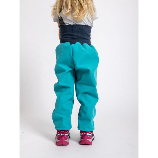 Unuo, Batolecí softshellové kalhoty s fleecem, Smaragdová + reflexní obrázek Evžen (Softshell toodler trousers)