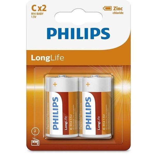 baterie PHILIPS R14 1,5V, ZnCl, malý monočlánek (krab.24x=12x2ks)