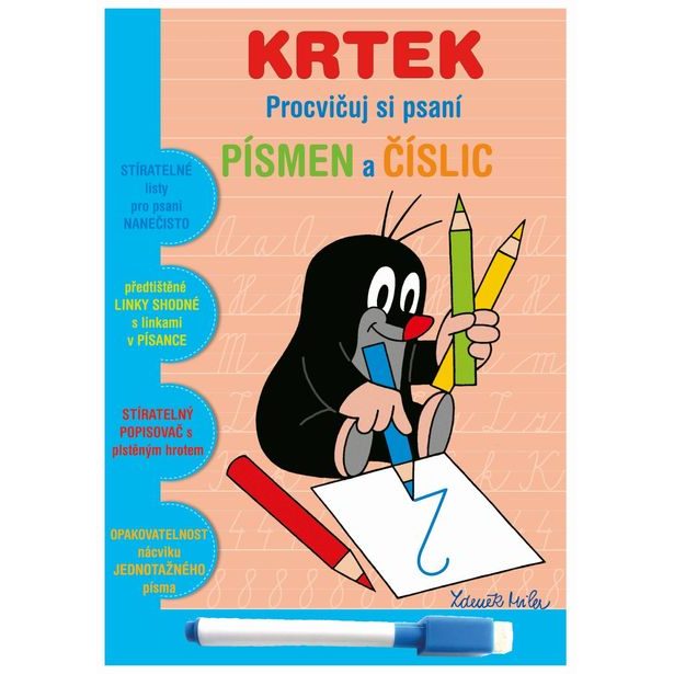 Stíratelný sešit "Procvičuj si písmena a číslice" + stíratelný popisovač - Krtek 1