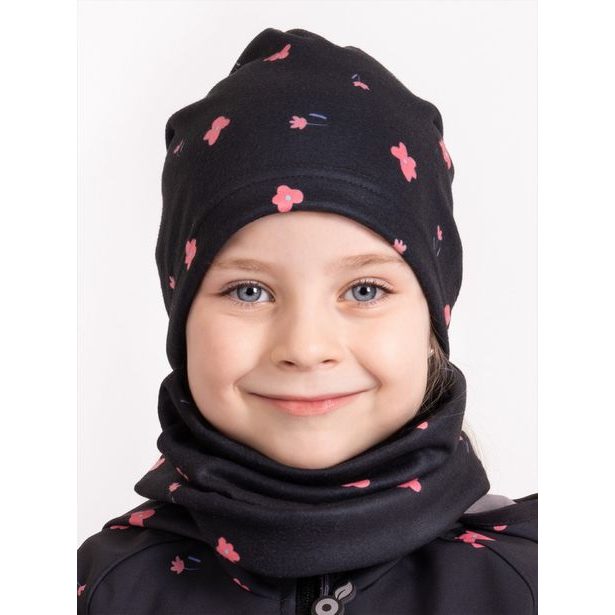 Unuo, Dětská čepice fleecová Homeless, Černá, Květiny