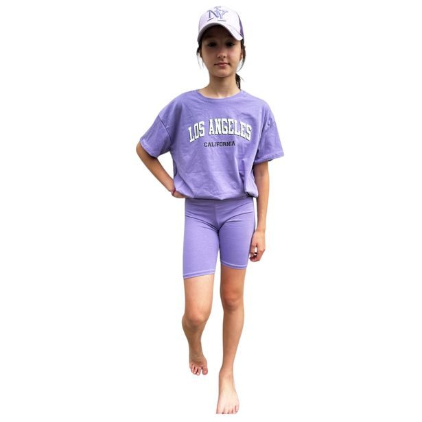 Komplet oversize triko LOS ANGELES + kraťasy fialový