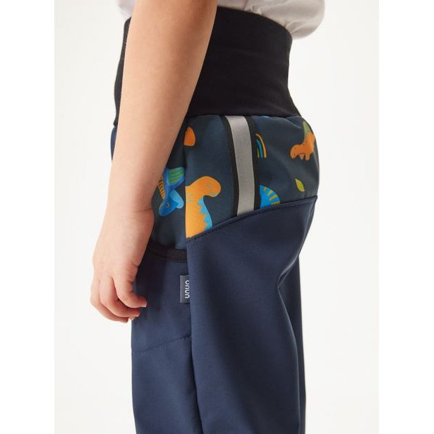 Unuo Dětské softshellové kalhoty s fleecem Basic, Tm. Modročerná, Dinosauři