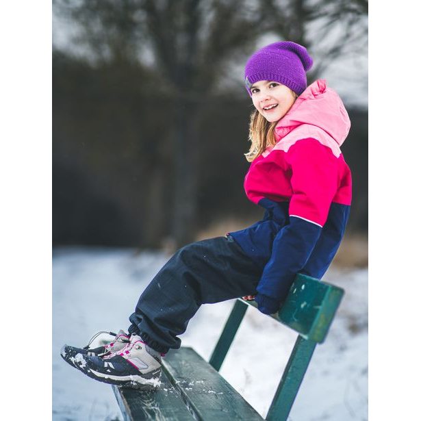 Unuo, Dětské softshellové oteplovačky s fleecem, Ostružinová, Žíhaná Antracitová, Jednorožci